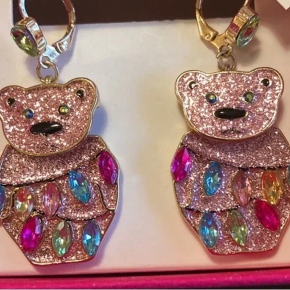 Betsey Johnson Pink Bear Wrapped in Holiday Rhinestone earrings - Picture 2 of 3